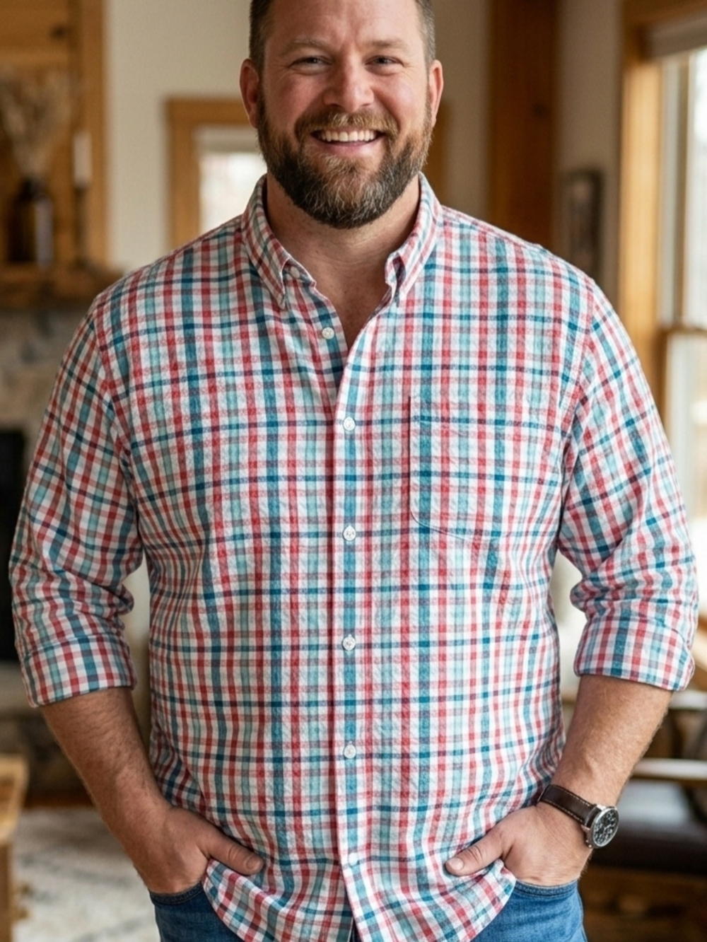 L.L. Bean XXL Organic Cotton Plaid Button-Down Shirt in Red & Teal  Seersucker